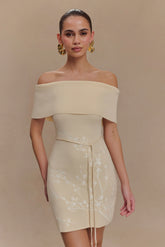 Mallory Off Shoulder Embroidered Knit Mini Dress - Cream And Ivory