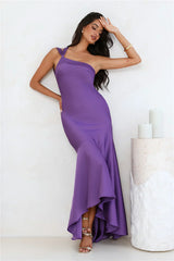 Romantic Affair Satin One Shoulder Maxi Dress Purple